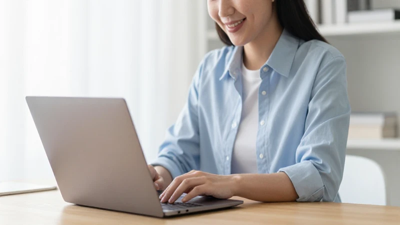 Persona sonríe con una laptop a la luz