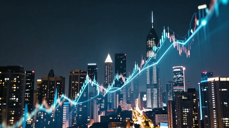 Ciudad futurista, gráfico financiero, luces neón