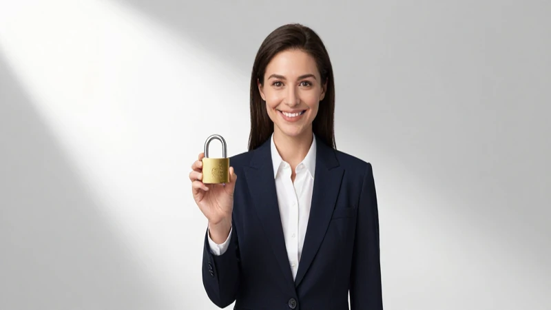 Mujer profesional, candado digital, ambiente corporativo.