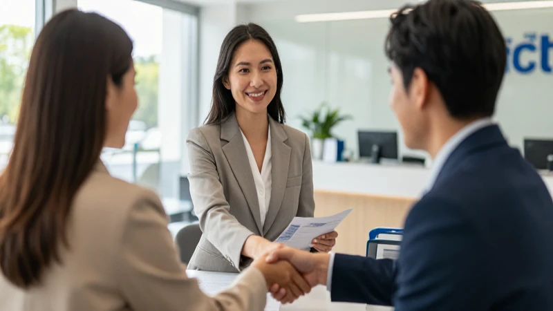 Cliente sonriente, cajero amable, luz cálida.