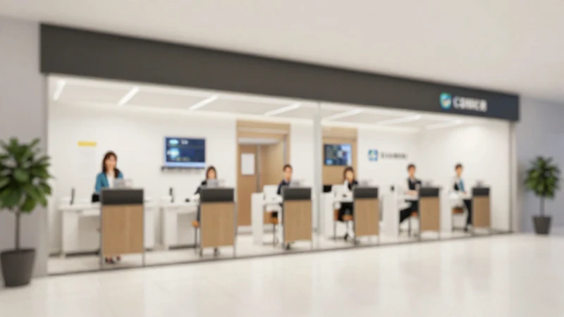 Sede bancaria moderna con cliente sonriente