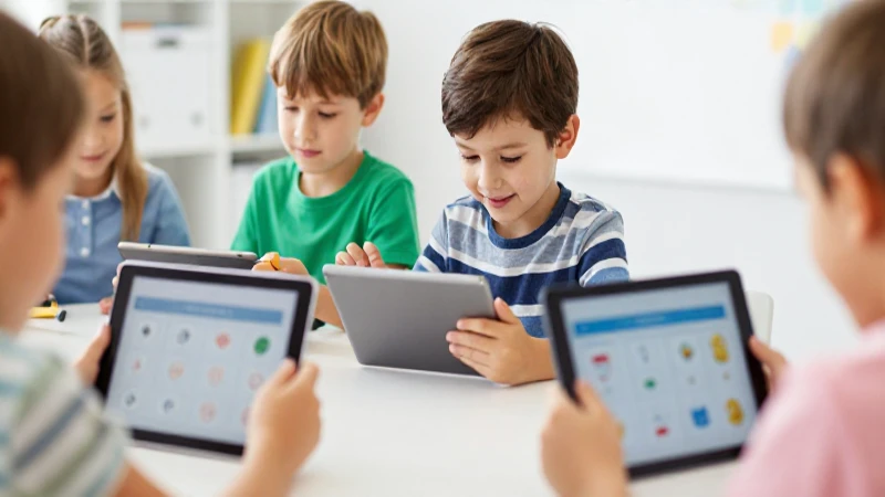 Niños felices aprenden matemáticas usando tabletas