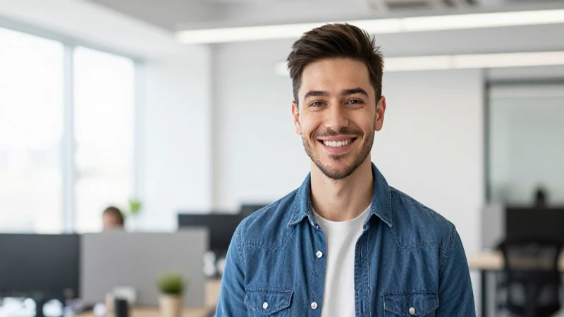 Joven sonriendo en oficina moderna y luminosa