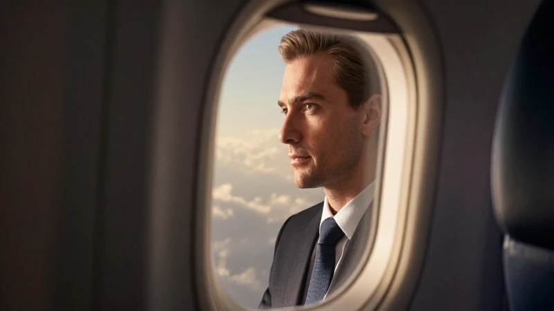Hombre de negocios, reflejo en avión, luz cálida