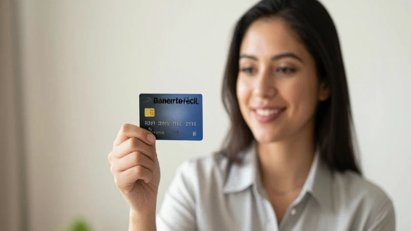 Mujer sonríe con tarjeta Banorte Fácil.