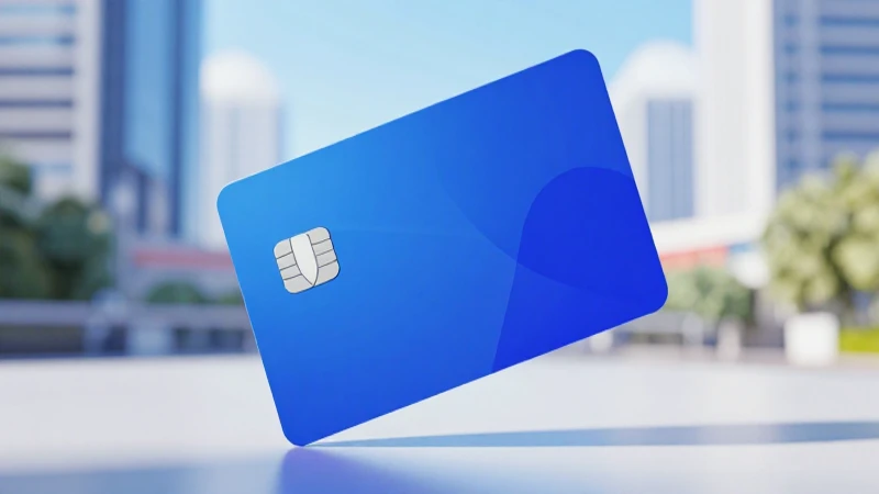 Tarjeta fintech, ciudad vibrante y luz solar.