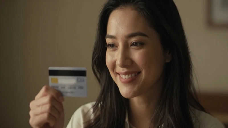 Mujer sonríe con tarjeta de crédito