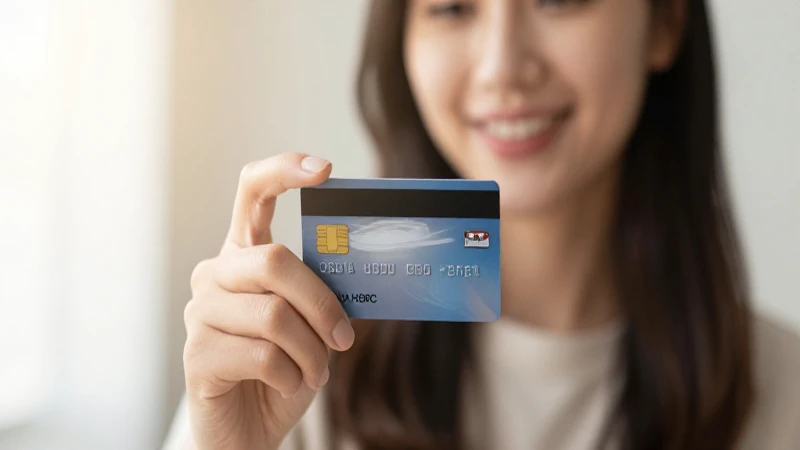 Mujer sonríe con tarjeta de crédito