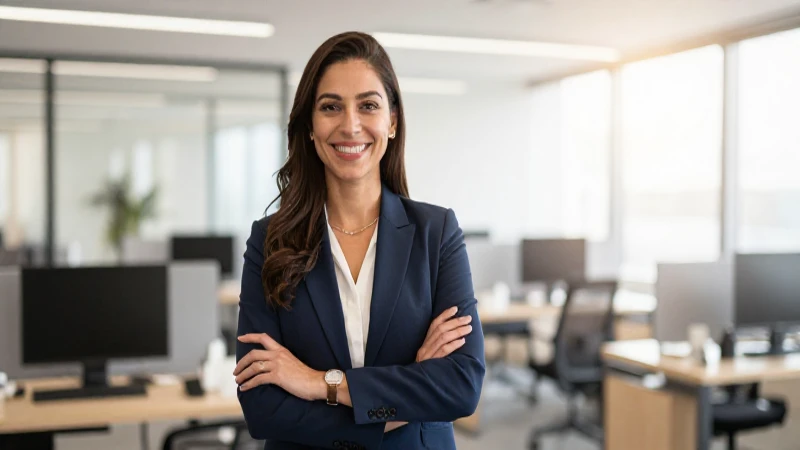 Profesional sonríe en oficina moderna y luminosa