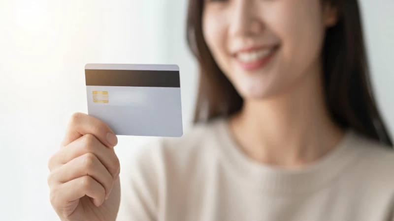 Mujer sonríe con tarjeta de crédito a la luz