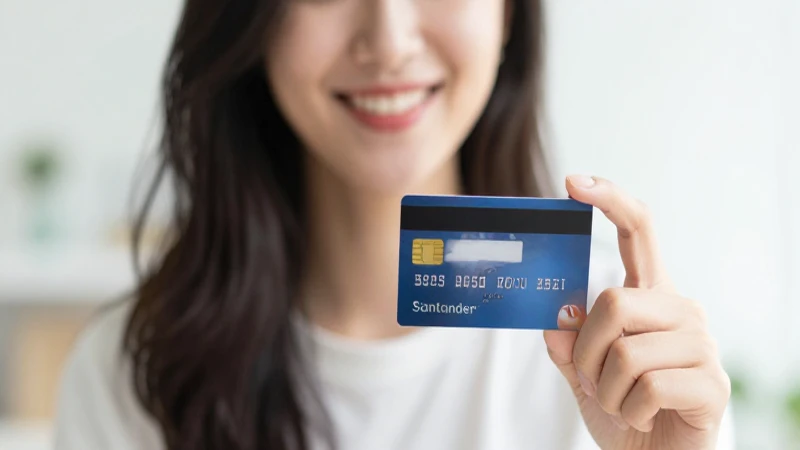 Mujer sonríe con tarjeta, banco moderno
