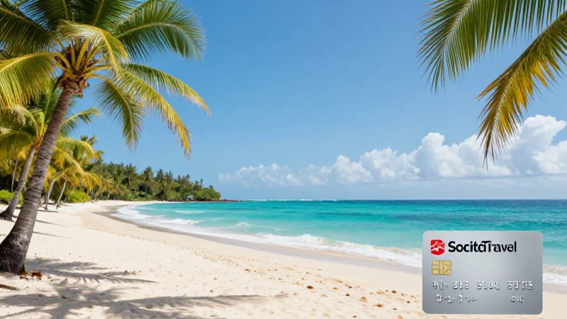Tarjeta, playa tropical, sol brillante. 