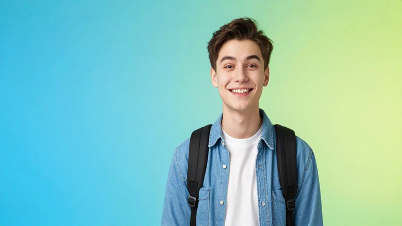Estudiante sonríe en estudio colorido y brillante