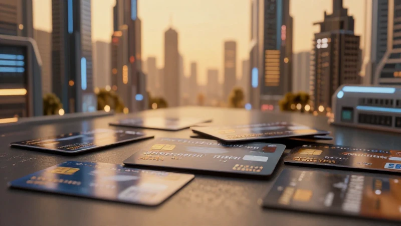Tarjetas de crédito, ciudad futurista, luz cálida