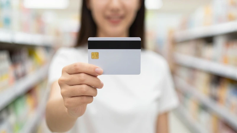 Mujer sostiene tarjeta de crédito borrosa.