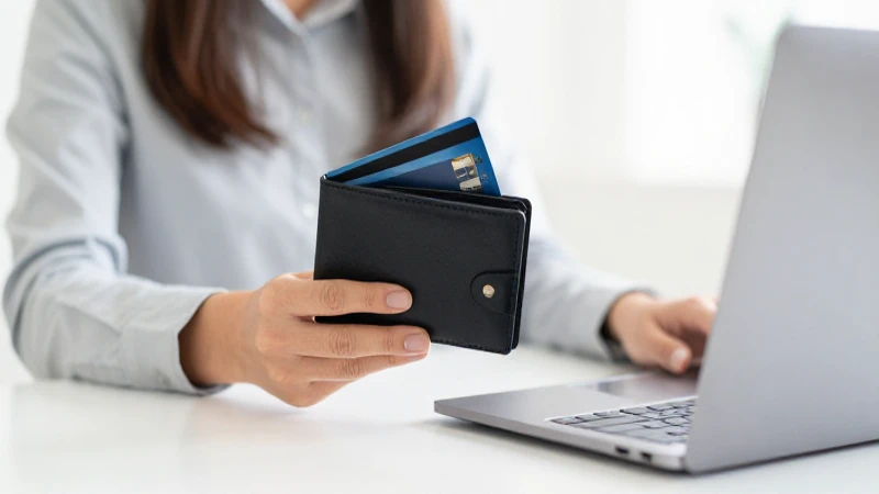 Cómo establecer metas financieras con tarjetas de pago semanales 15 Mujer, billetera, portátil y metas financieras.