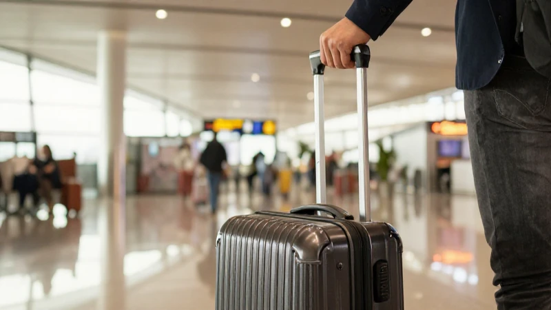 Viajero con maleta en terminal iluminada