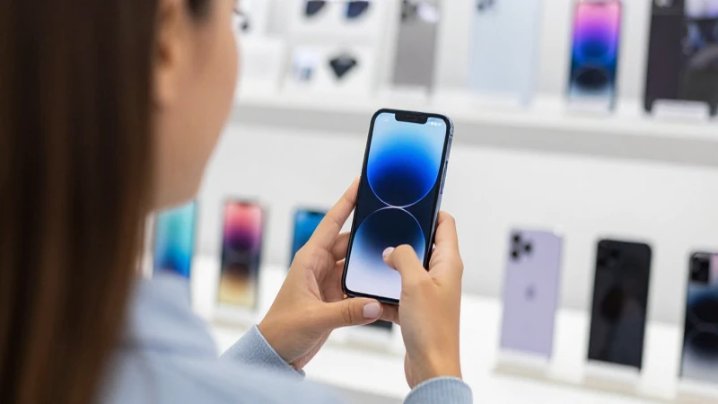 Mujer eligiendo smartphones en oferta.