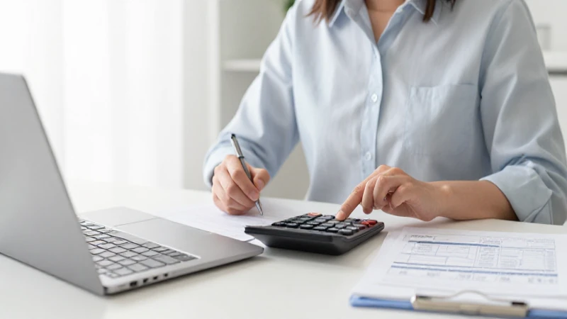 Mujer calcula préstamo con calculadora y luz.
