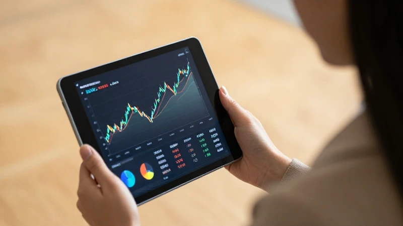 Mujer observa tabla financiera en tablet.
