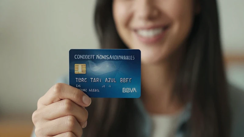 Mujer sonríe con tarjeta BBVA Azul