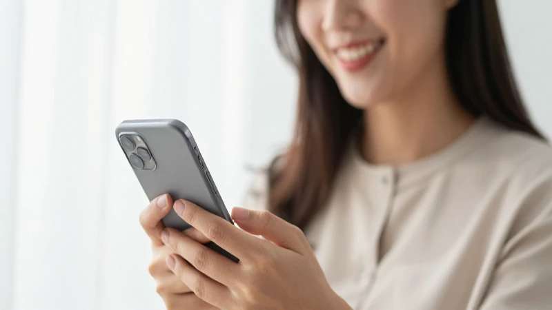 Mujer sonríe con teléfono, ambiente cálido