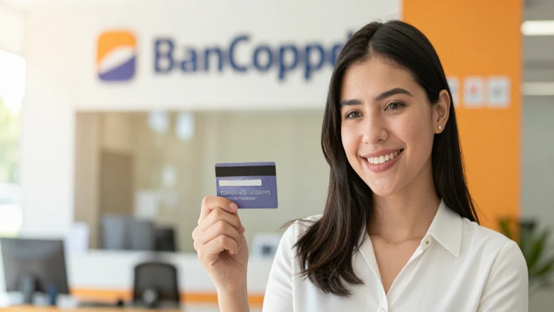 Mujer sonríe con tarjeta de crédito.