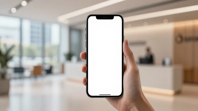 Smartphone mostrando una aplicación bancaria, oficina moderna.