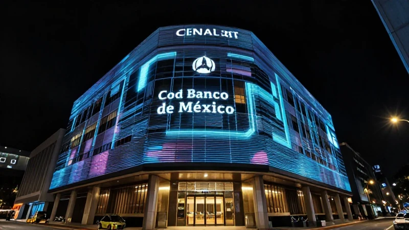 Banco del futuro: holograma e iluminación cinematográfica.