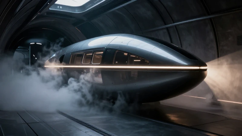 Cápsula Hyperloop en túnel neblinoso y futurista.