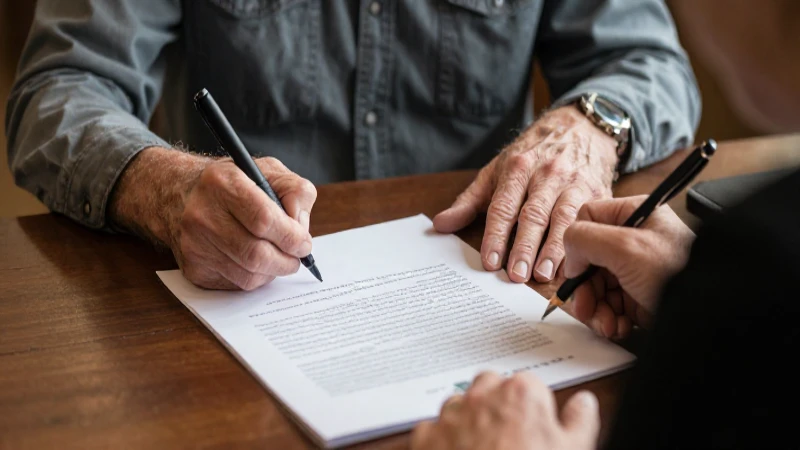 Manos ancianas firman documento con notario.