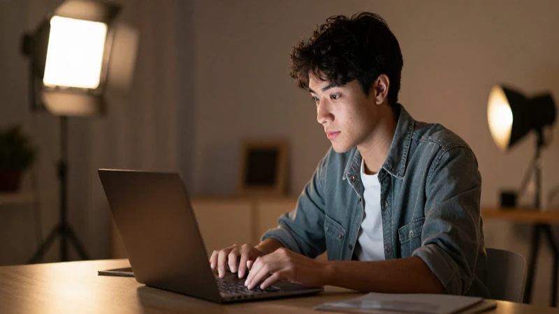Estudiante con laptop, luz suave y desenfoque