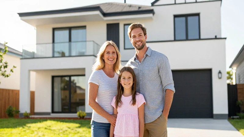 Familia feliz frente a casa soleada