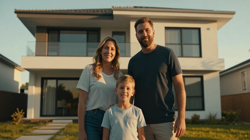 Familia sonriente en casa al atardecer