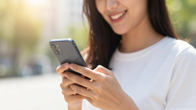 Mujer sonríe, usando un teléfono en día soleado