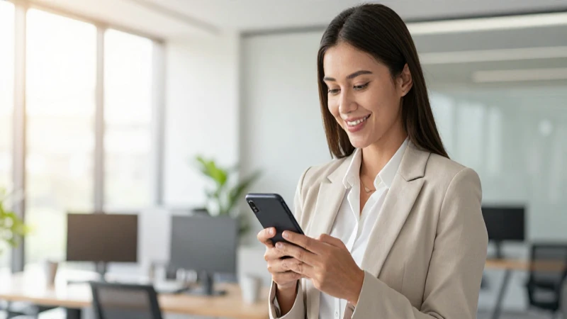 Mujer de negocios sonríe con su móvil.