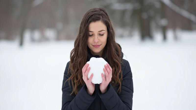 Mujer sostiene nieve en paisaje invernal