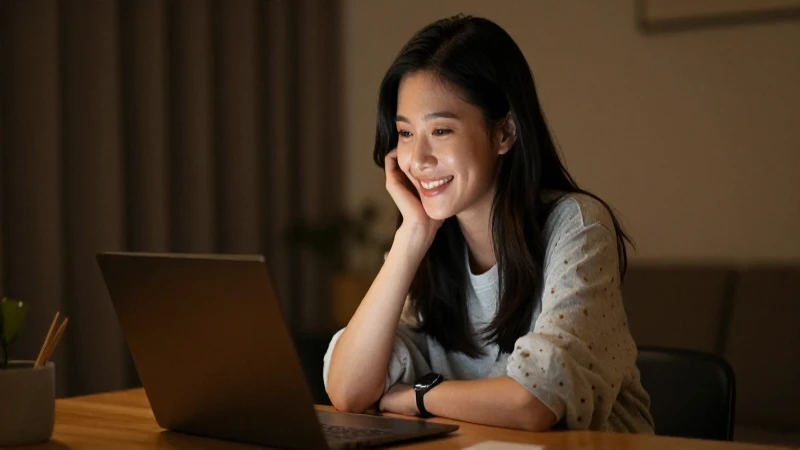 Joven sonríe con laptop, luz cálida.