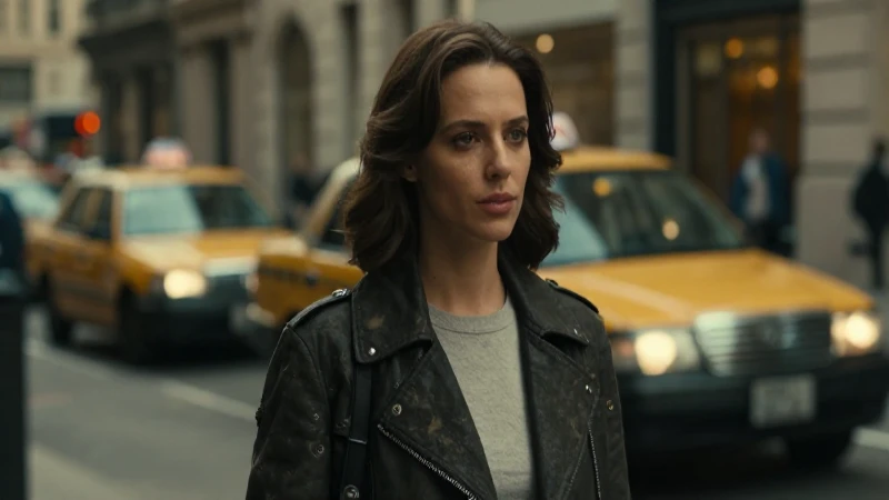 Mujer en ciudad, con cálida iluminación cinematográfica.
