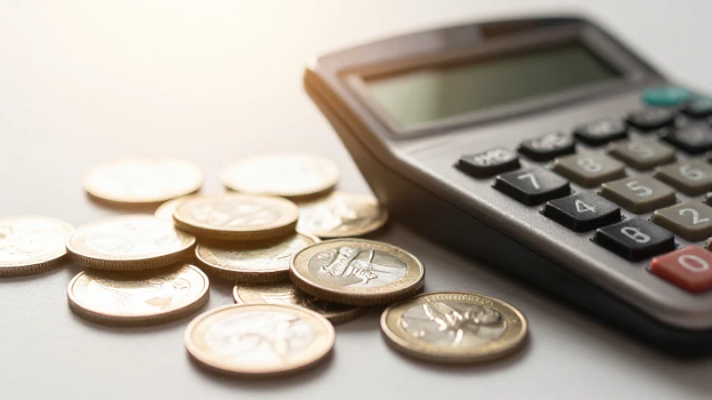 Monedas, calculadora y luz dorada suave