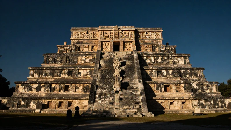 Ruinas mayas con arte dramático en sombras.