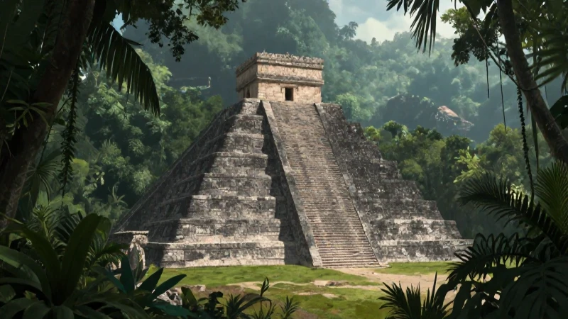 Pirámide antigua, selva, luz cinematográfica y atmosférica.