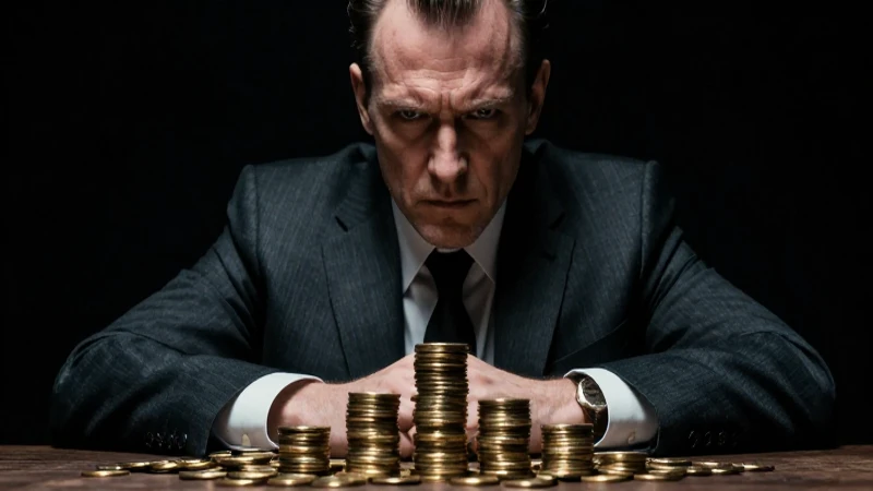 Banquero severo observa monedas en sombras dramáticas