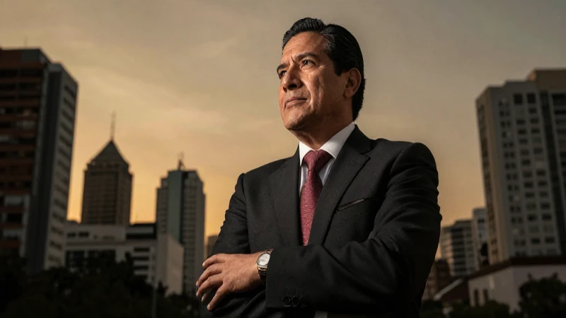 Inversor mexicano, paisaje urbano, luz dramática.