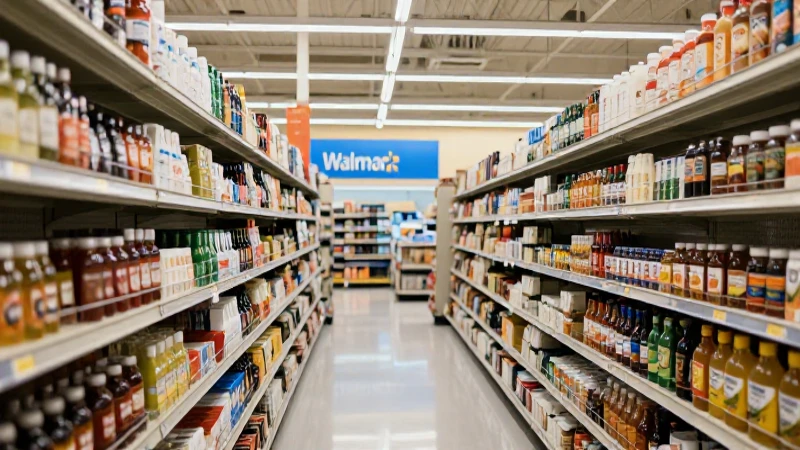 Interior de Walmart: estantes llenos, luz natural