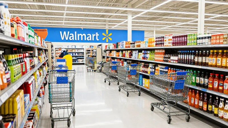 Interior de Walmart, carrito y luz natural.