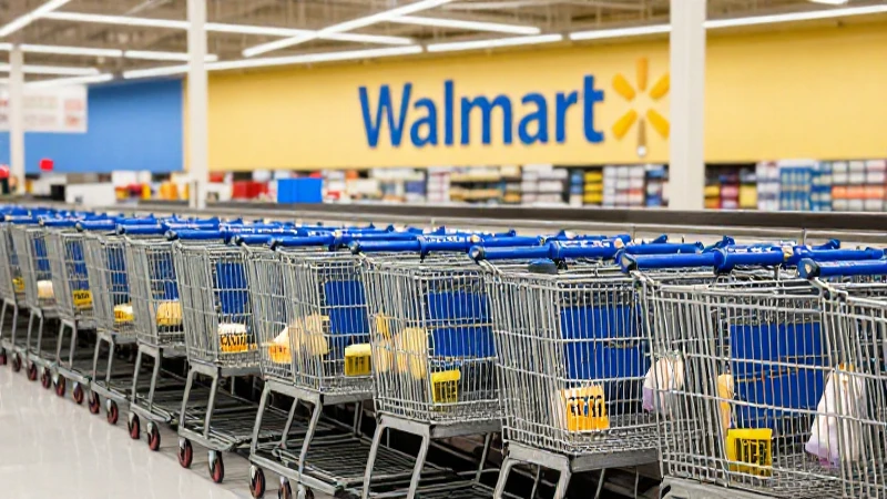 Interior de Walmart, con carritos y luz cálida