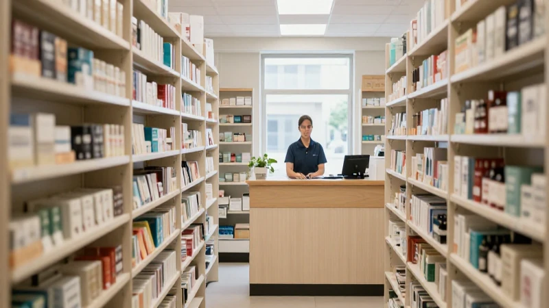 Interior de farmacia, luz suave y desenfocada