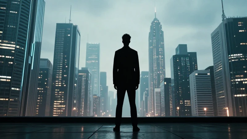 Comerciante en silueta, ciudad futurista cinematográfica.